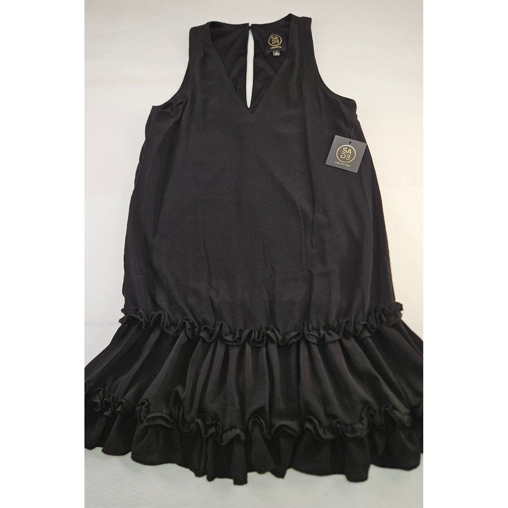 Sage Collective Womens Black Sleeveless V-Neck Ruffle Hem Shift Dress Size 4 NWT